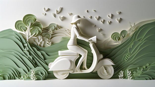 Woman riding an electric scooter Papercut style white and green colors Generative AI