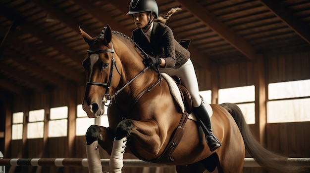 A woman riding a horse in a barn