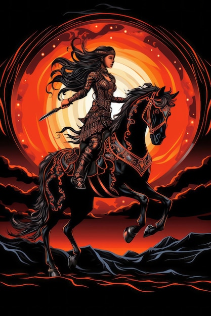 a woman riding a horse in front of an orange sunset