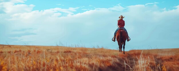 Photo woman riding horse in serene country landscape at sunset