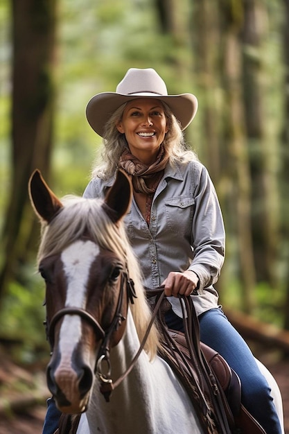 a woman riding a horse with a cowboy hat on