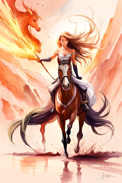 A woman riding a horse with a fire on her tail