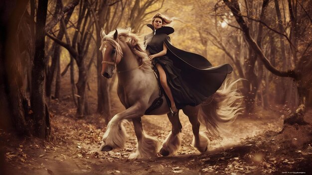 Woman riding horse in woods