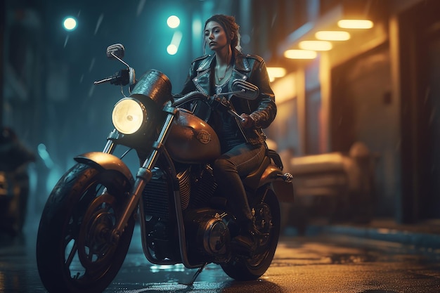 Woman riding motorcycle rainy day Adventure travel Generate AI