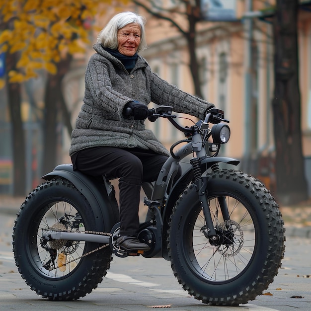 a woman riding a motorcycle with a big wheel on the back