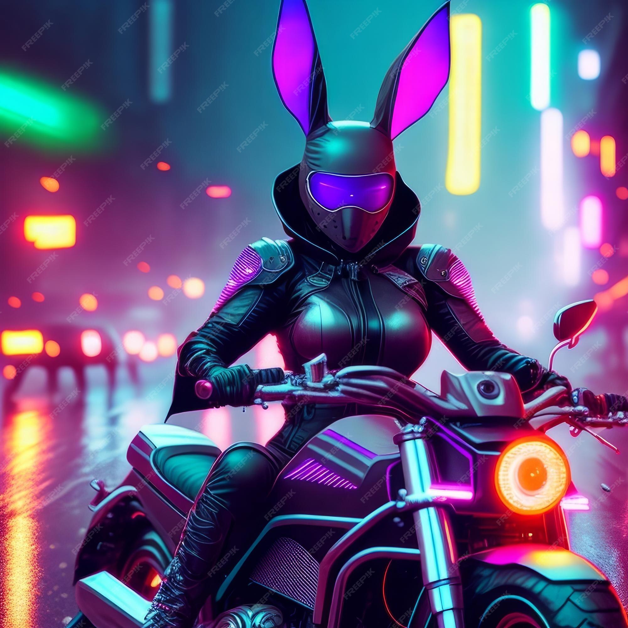 Premium AI Image A Woman Riding A Motorcycle With A Bunny On The Front premium-ai-image-a-woman-riding-a-motorcycle-with-a-bunny-on-the-front