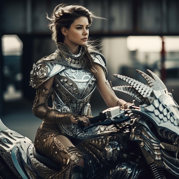 A woman riding a motorcycle with a dragon on the back