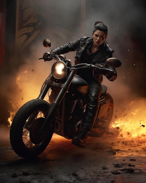 A woman riding a motorcycle with smoke in background