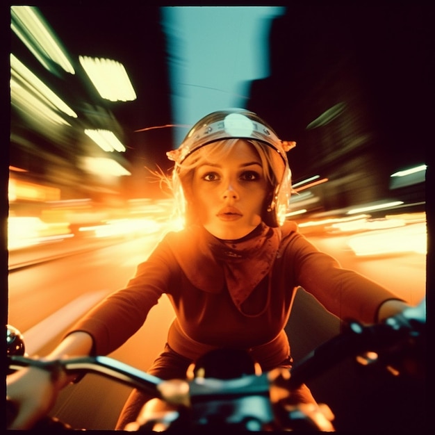 A woman riding a motorcycle with the word speed on the front.