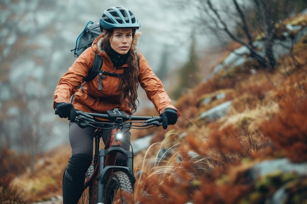 森 を 通っ て マウンテン バイク を 乗っ て いる 女性