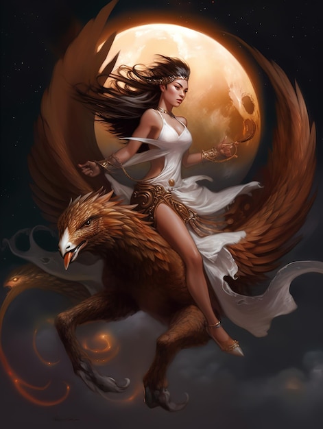 A woman riding a phoenix and the moon