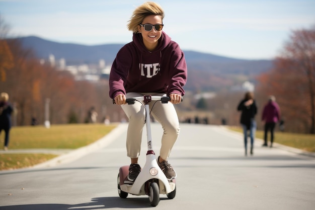 Woman Riding Scooter on City Street