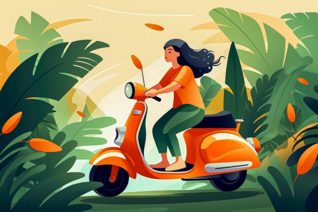 Photo woman riding scooter in the jungle