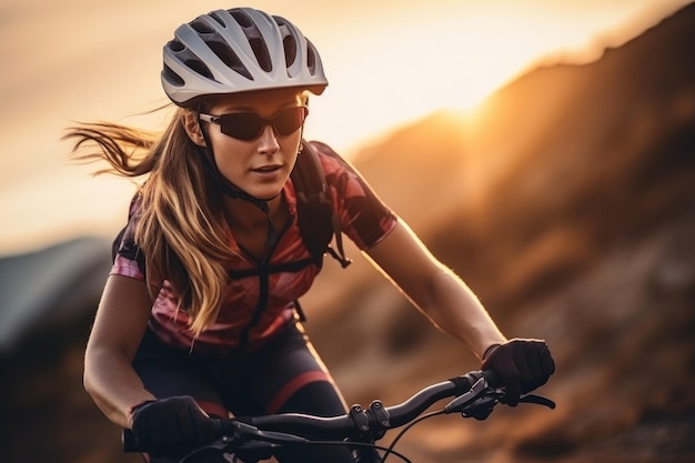산속의 아침 분위기 속에서 스포츠 자전거를 타는 여성