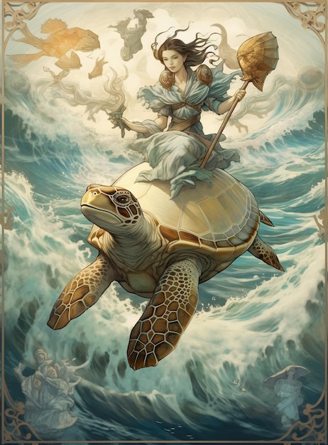 A woman riding a turtle on a wave