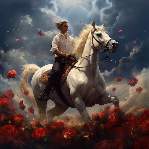 A woman riding a white horse in a field of flowers