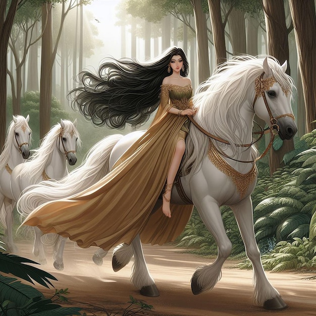 A woman riding a white horse in a forest