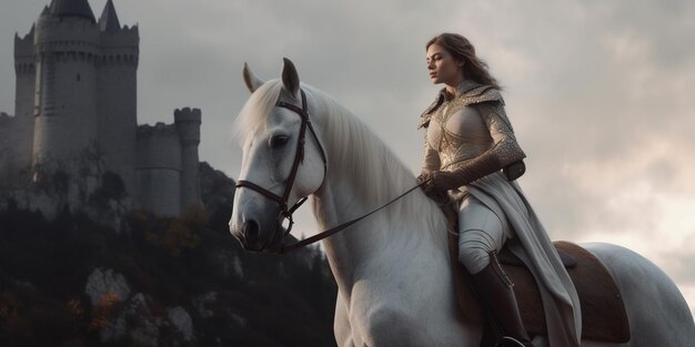 A woman riding a white horse with a castle in the background