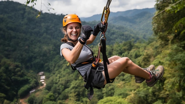 a woman riding a zipline over a lush green forest