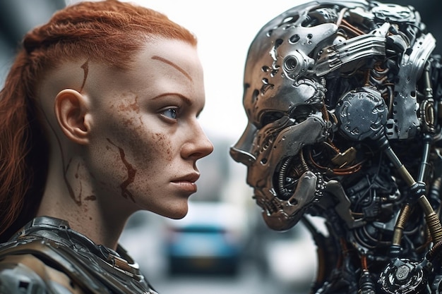 A woman and a robot are looking at each other.