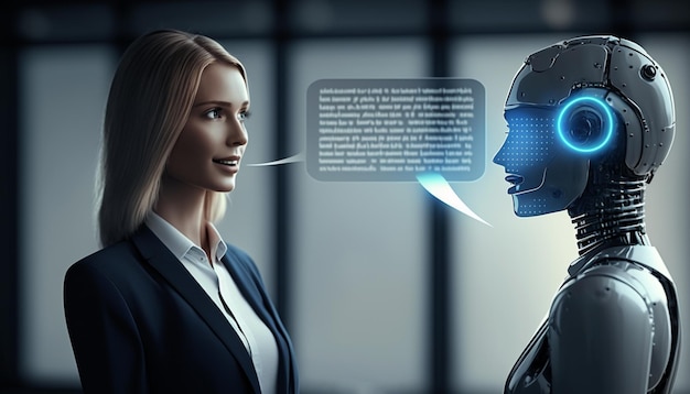 A woman and a robot are talking to a woman.