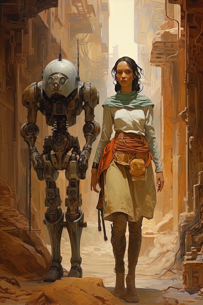 a woman and robot are walking in a hallway with one of them has a bag on the back