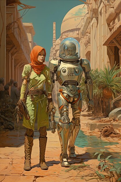 a woman and a robot are walking in a street