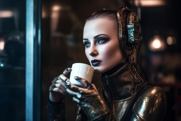 A woman in a robot costume drinks a cup of coffee.