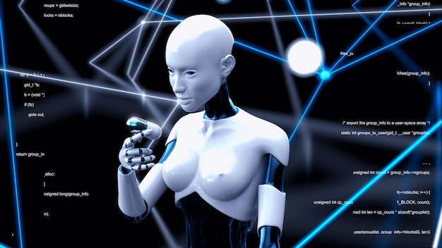 Photo woman robot holding a biotech pill