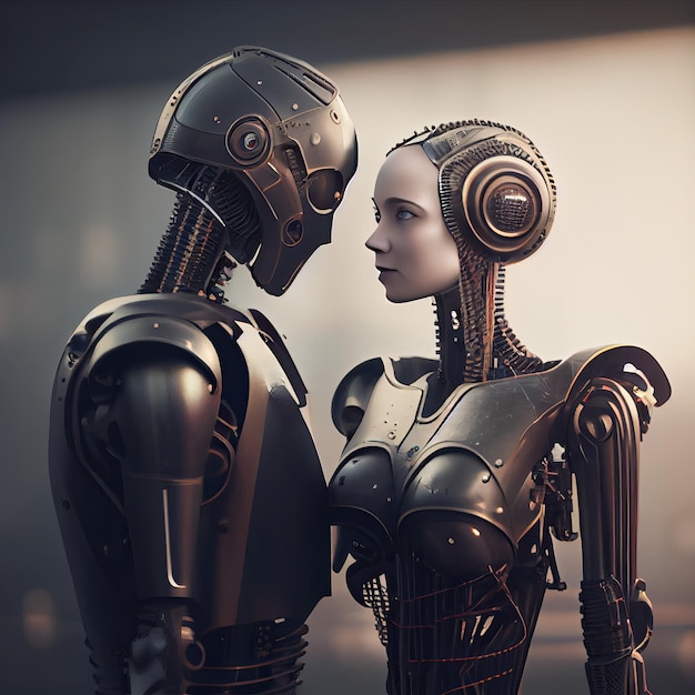 A woman and a robot looking at each other