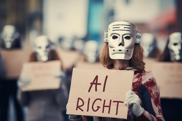ロボットマスクをかぶった女性が人工知能権の抗議サインを掲げている