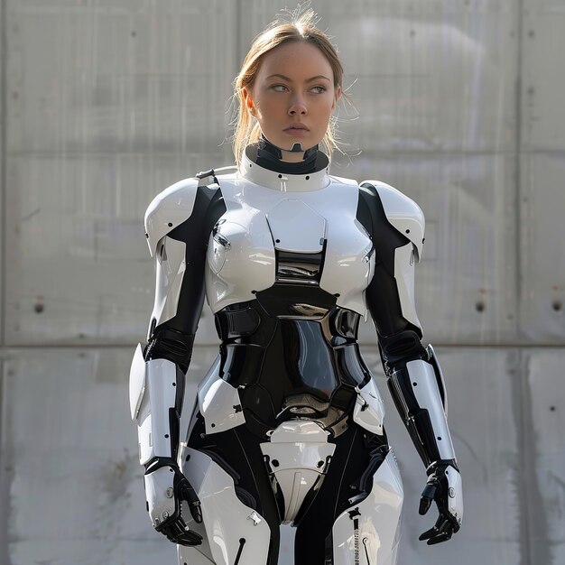 a woman in a robot suit stands in front of a wall