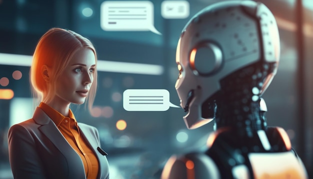 A woman and a robot talking to each other