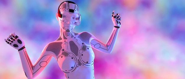 Woman robot in virtual reality glasses