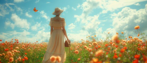 Photo woman in romantic dress hat and handbag in retro style walking along summer rose field path traveling across fairy tale hills in an idyllic tranquil scene