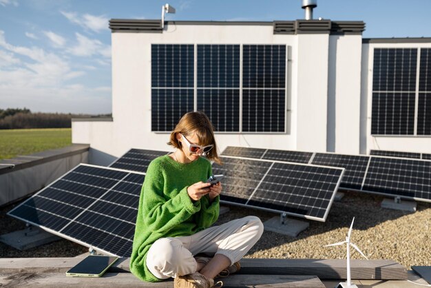 太陽光発電所のある家の屋根の上の女性