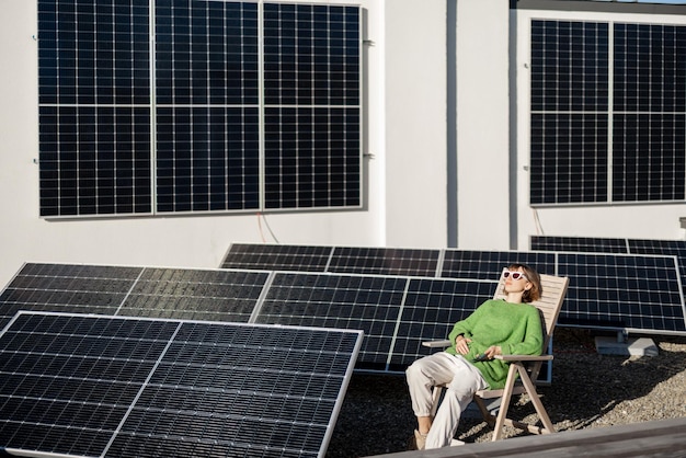 Woman on rooftop of her house with a solar station