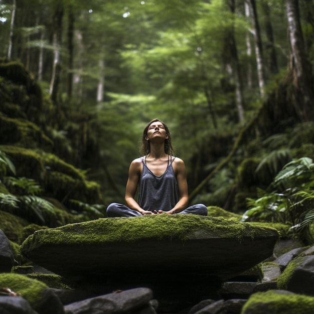 Foto una donna in camera e nella giungla che fa yoga