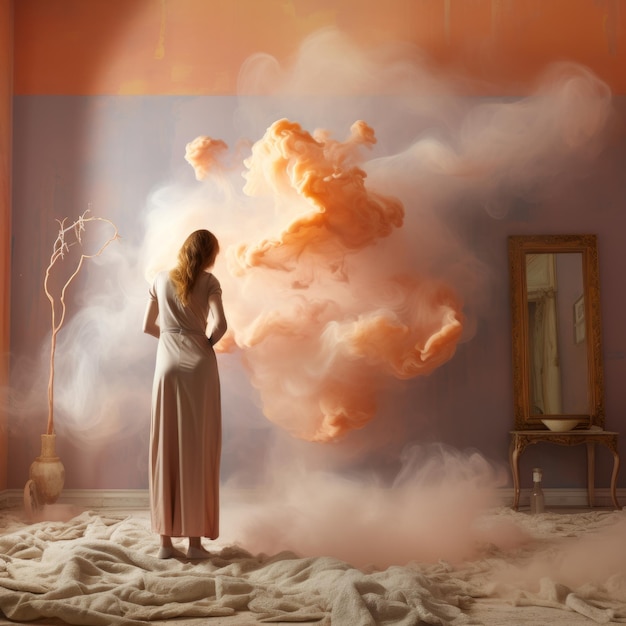 Photo a woman in a room with smoke