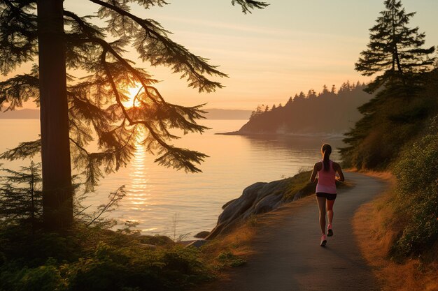 Foto il corridore donna corre una corsa serale con un bellissimo tramonto sul mare