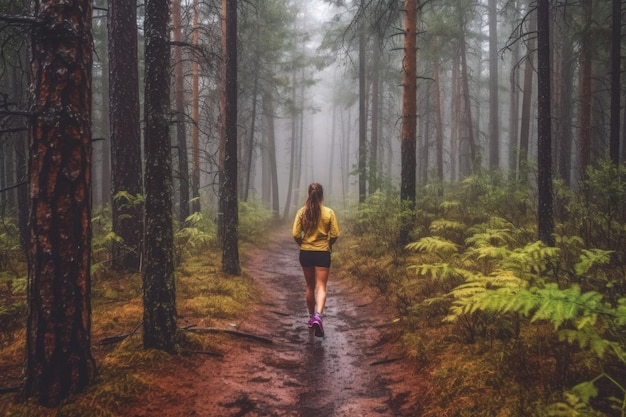 Woman runner in sports jacket run forest trail in the rain back view Generative AI illustration