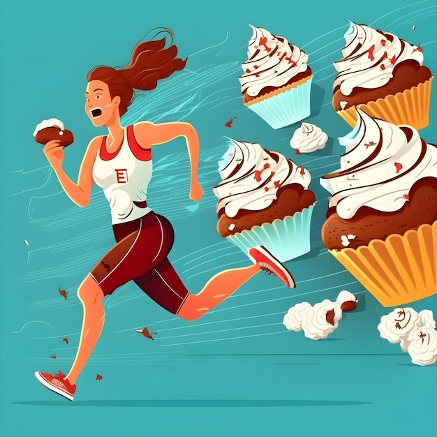 Женщина убегает от сладостей и нездоровой пищи Концепция здорового образа жизни Занятие спортом и здоровое питание