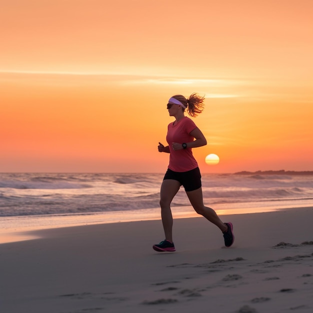 Woman running on the beach at sunset generative ai