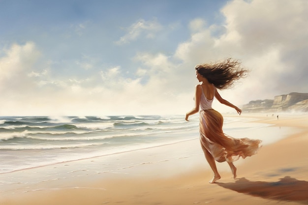 a woman running on the beach with her hair blowing in the wind.