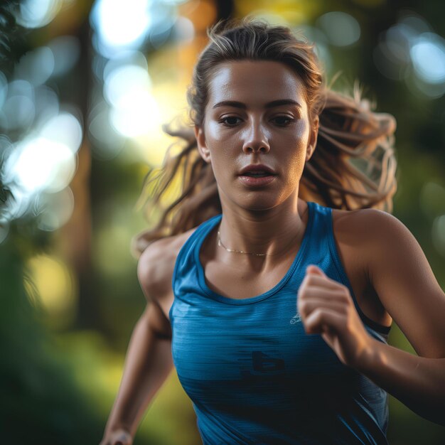 A woman running in a blue tank top