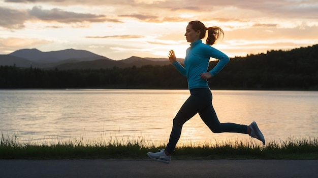 Woman running by the lake at sunset