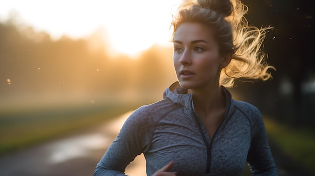 Woman running in city park at autumn morningCreated with Generative AI technology