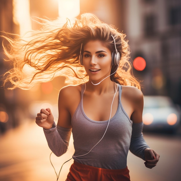 a woman running in the city with headphones