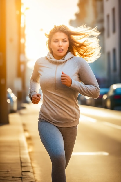 Foto donna che corre per strada con i capelli al vento ai generativa