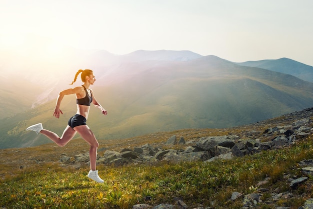 Woman running for exercising, fitness and healthy lifestyle. Mixed media